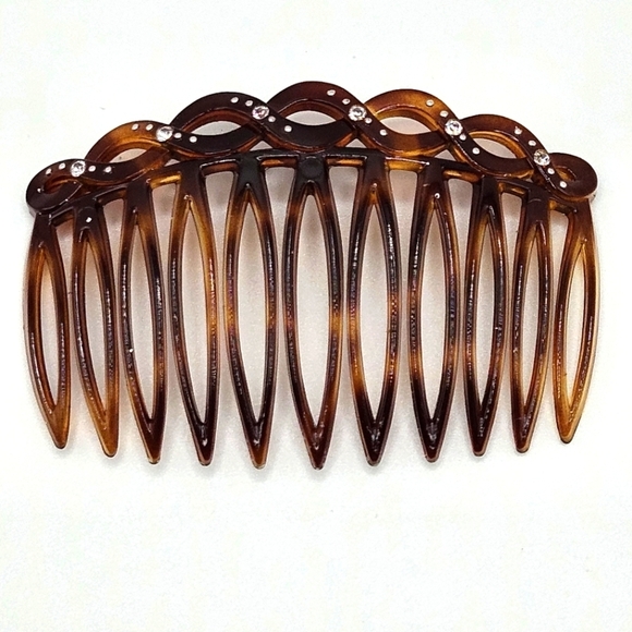 VINTAGE Classic Brown Plastic Rhinestone Detail Hair Comb Made in France - Picture 2 of 6